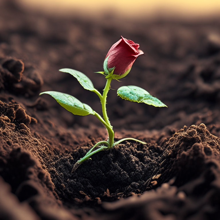 a rose seedling just sprouted from the soil