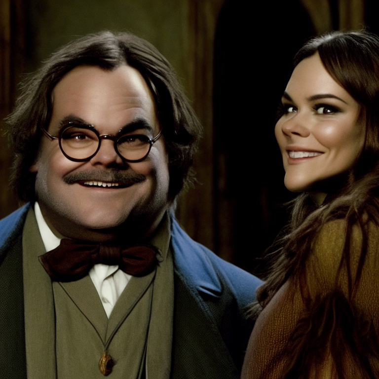 jack black in role of Harry Potter with smiling Kate Beckinsale as Hermiona