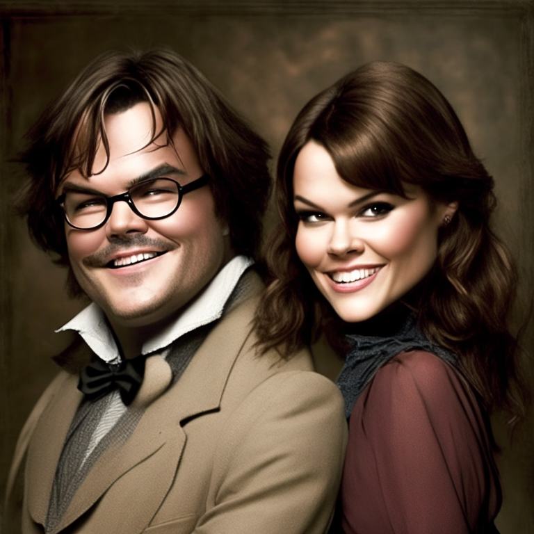 natural photo from vogue, stylish, jack black in role of Harry Potter with smiling Kate Beckinsale as Hermiona