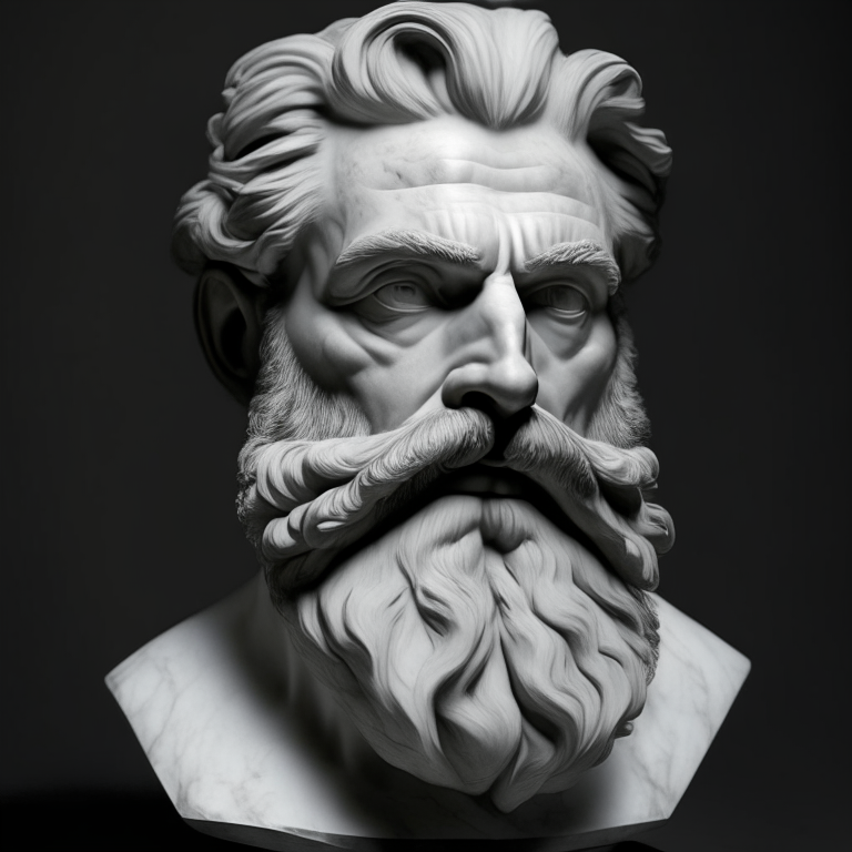 a portrait of a man with a beard and mustache, detailed facial features, marble sculpture style