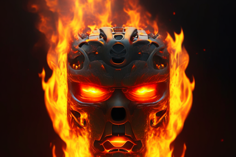 a robotic face in flame
