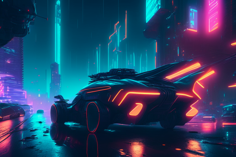 A futuristic cyberpunk city at night, with neon lights and flying cars, 4k