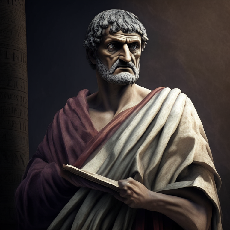 Philosopher Seneca in ancient Greece, wearing a toga and holding a scroll, with a serious expression, 4k