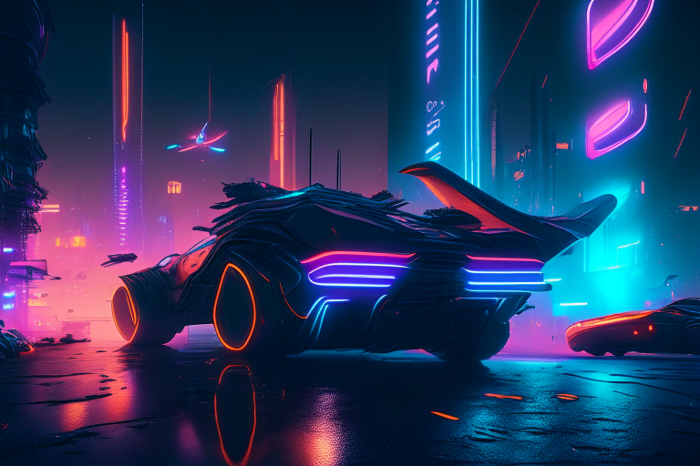 A futuristic cyberpunk city at night, with neon lights and flying cars, 4k