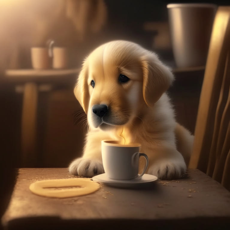 a golden retriever puppy drinking a latte with heart-shaped art, cozy atmosphere, 4k