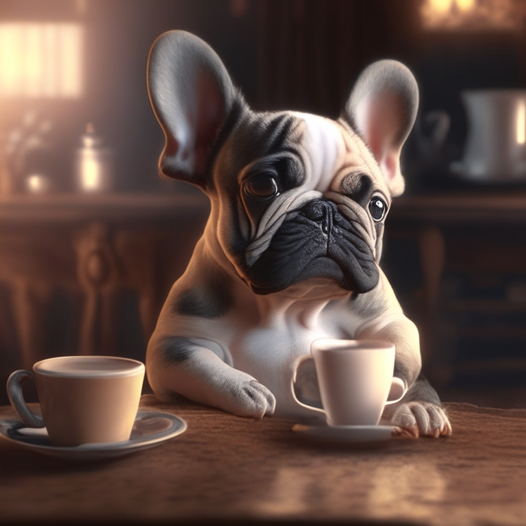 a French bulldog puppy drinking a latte with heart-shaped art, cozy atmosphere, 4k