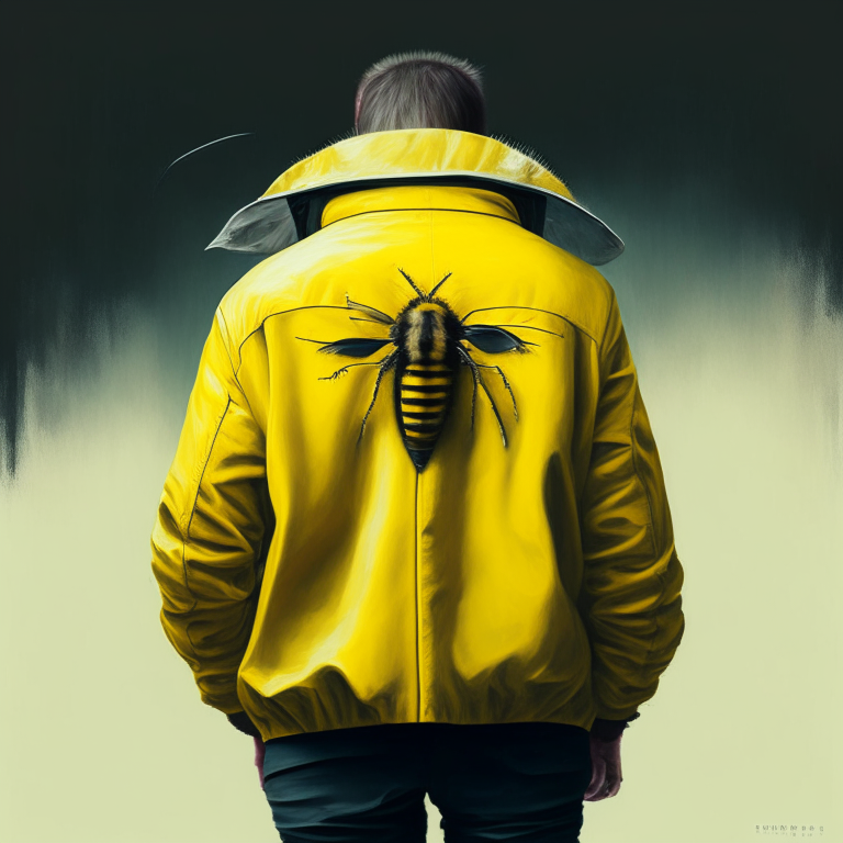 Beautiful yellow jacket, back of jacket, paint me small apartment 