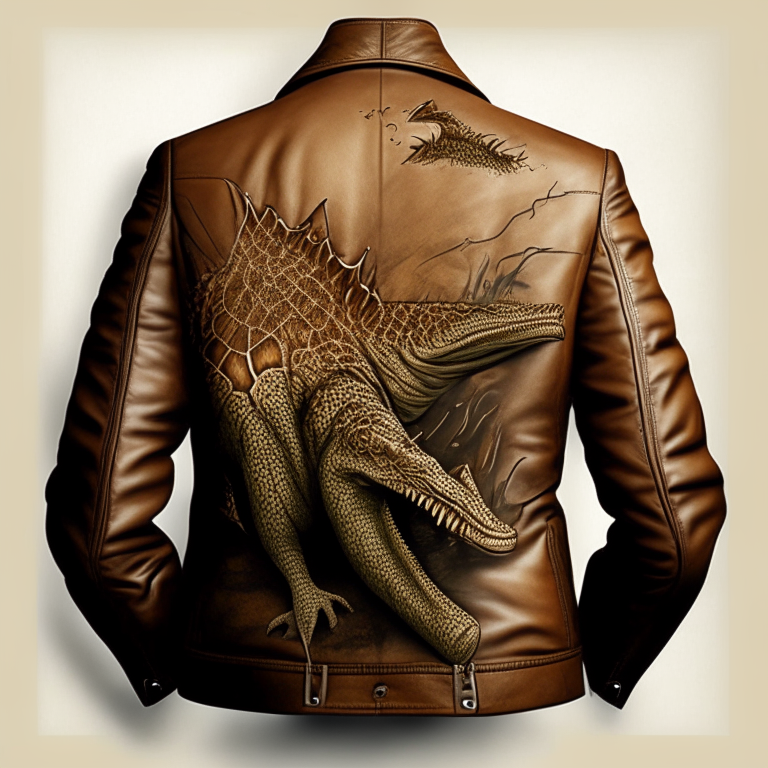 Design me beautiful  brown jacket, back of jacket, put crocodile sticker into jacket 