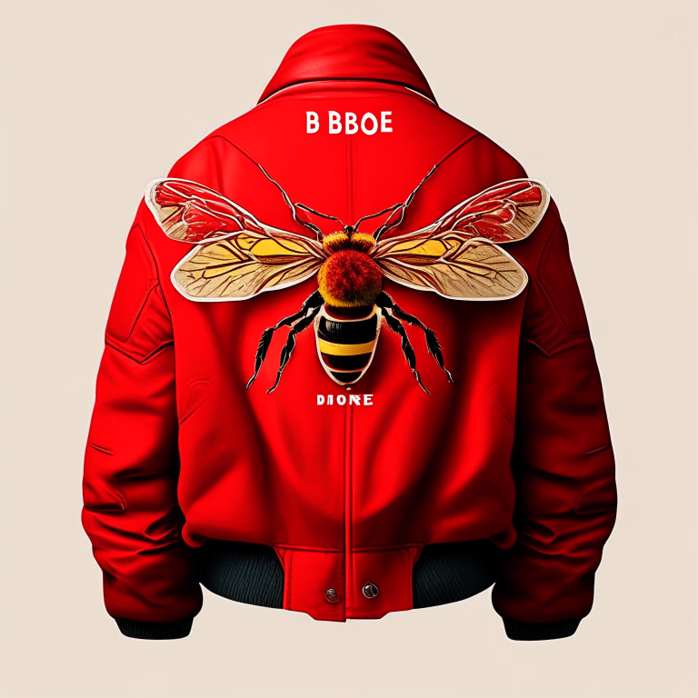 Design me beautiful   red jacket, back of jacket, put bee sticker into jacket 