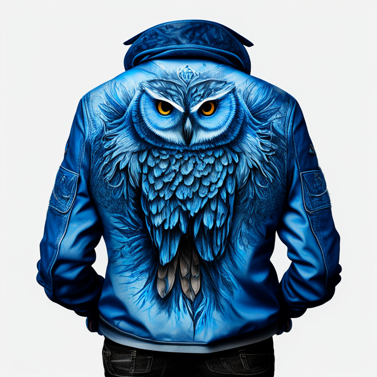 Design me beautiful  blue jacket, back of jacket, put  owl sticker into jacket 