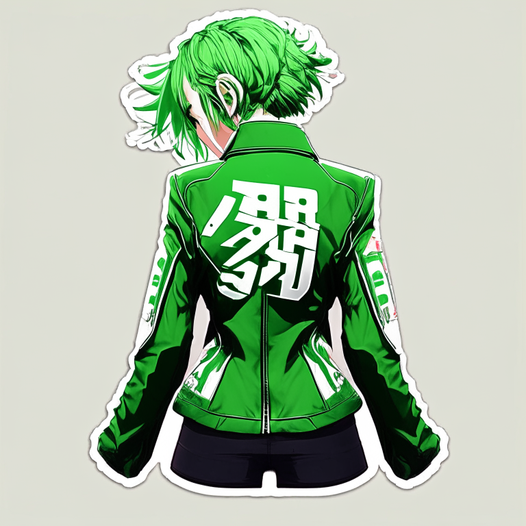 Design me beautiful   green jacket, back of jacket, put  Anime sticker into jacket 