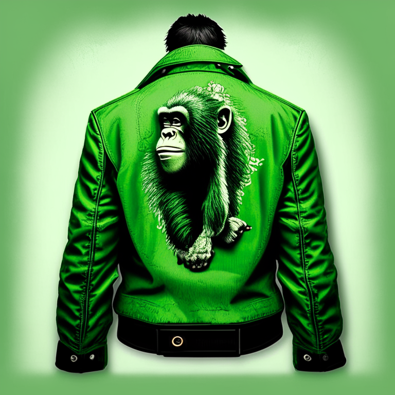 Design me beautiful   green jacket, back of jacket, put monkey sticker into jacket 