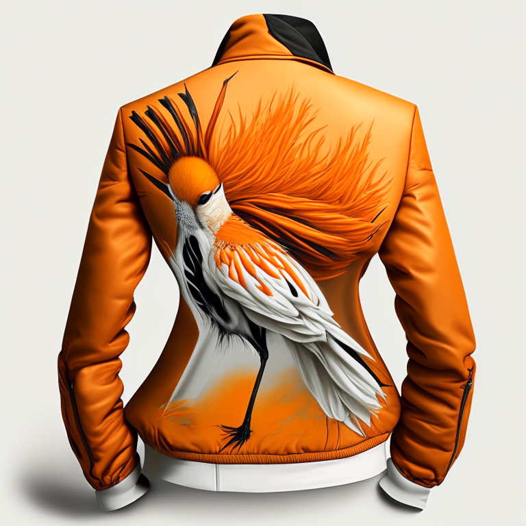 Design me beautiful orange jacket, back of jacket put hoopoe into jacket 