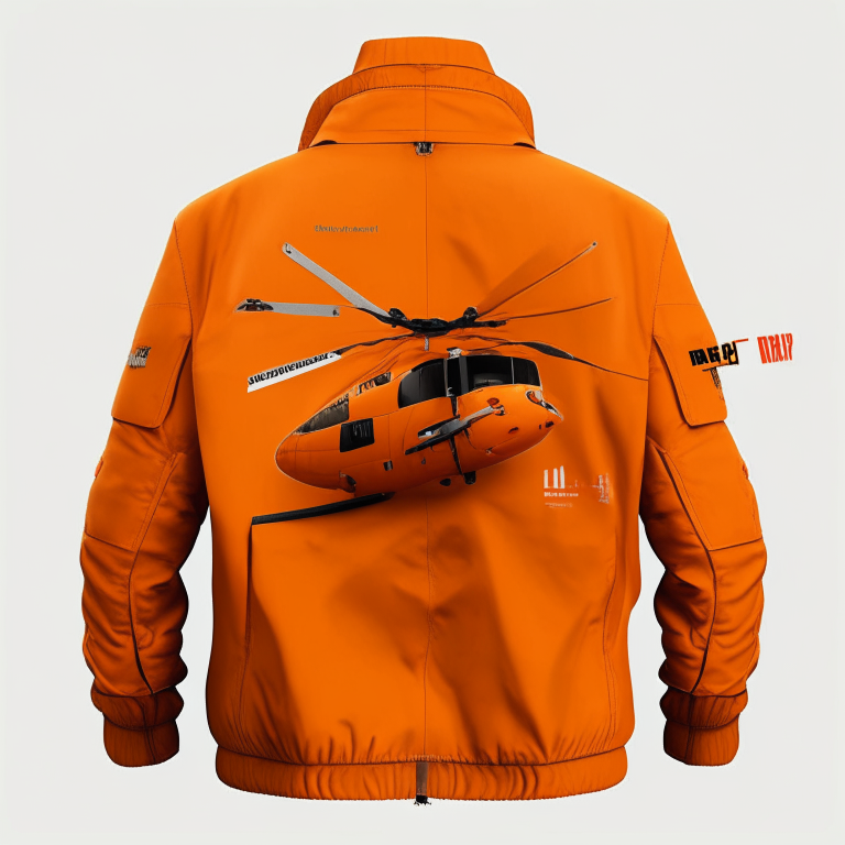 Design me beautiful orange jacket, back of jacket put  helicopter into jacket 