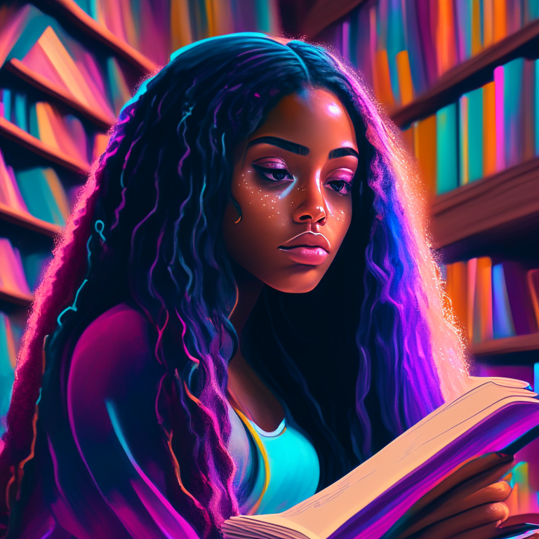 a beautiful mixed race black woman with long hair sitting in a large beautiful library studying, bright vivid neon pastel colors high contrast highly detailed bold unique clear unblurred
in the style of digital painting, 8k ultrafine detail, work of art, masterpiece, cinematic