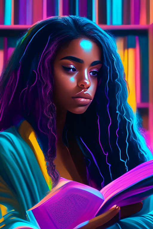 a beautiful mixed race black woman with long hair sitting in a large beautiful library studying, bright vivid neon pastel colors high contrast highly detailed bold unique clear unblurred
in the style of digital painting, 8k ultrafine detail, work of art, masterpiece, cinematic