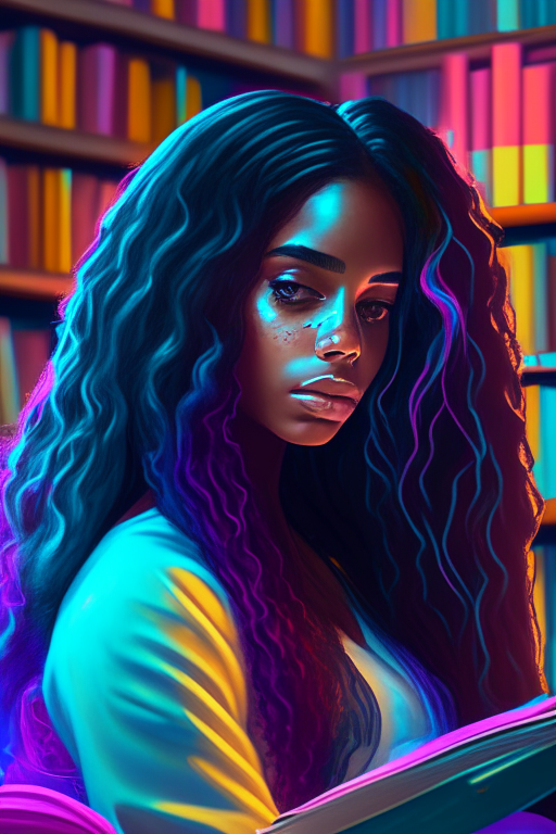 a beautiful mixed race black woman with long hair sitting in a large beautiful library studying, bright vivid neon pastel colors high contrast highly detailed bold unique clear unblurred
in the style of digital painting, 8k ultrafine detail, work of art, masterpiece, cinematic