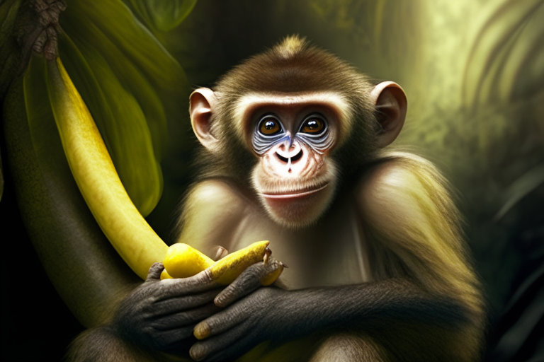 a monkey holding a banana, looking at the camera, realistic, detailed fur, jungle background