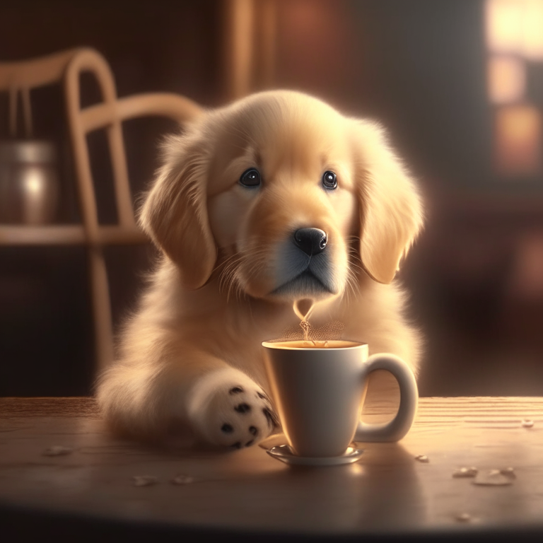 a Golden Retriever puppy drinking a latte with heart-shaped art, cozy atmosphere, 4k