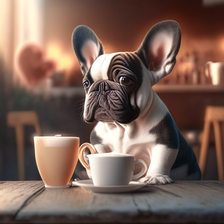 a French Bulldog puppy drinking a latte with heart-shaped art, modern cafe, 4k