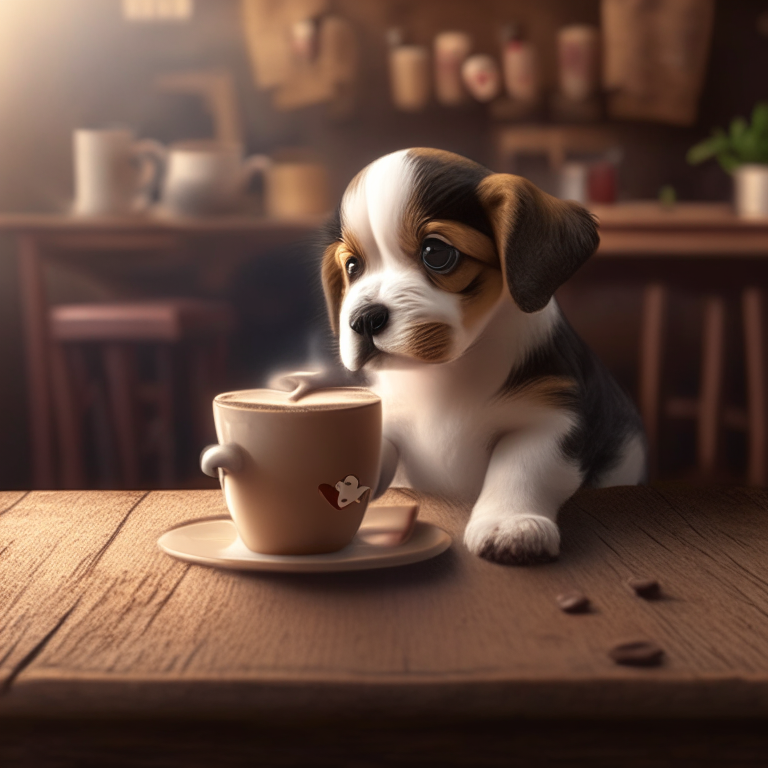 a puppy drinking a latte with heart-shaped art, sitting on a wooden table, 4k