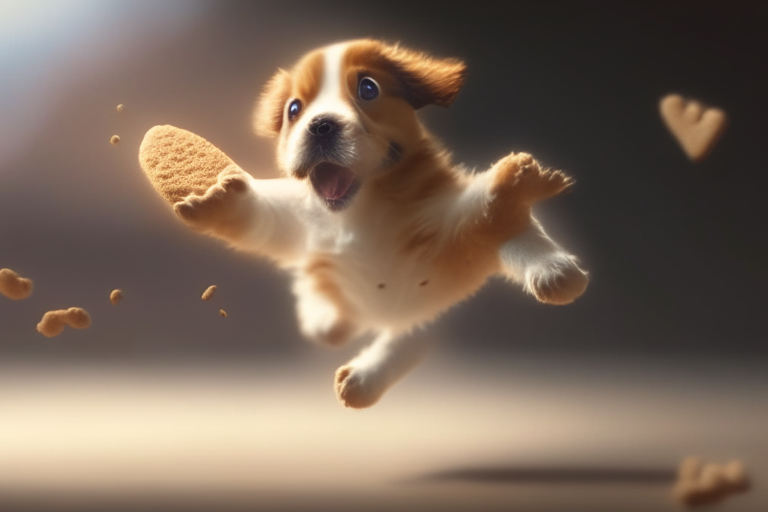 a puppy jumping to catch a love-shaped biscuit, with a blurred background, 4k