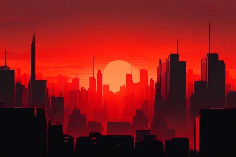 a graphic novel style sunrise over a city skyline, dark and moody, with a hint of orange and red, 4k