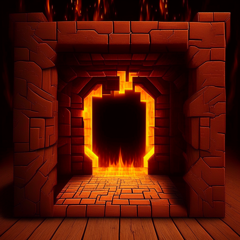 nether portal wooden deck style, brown tone, portal to inferno, minecraft style but hyper realistic
