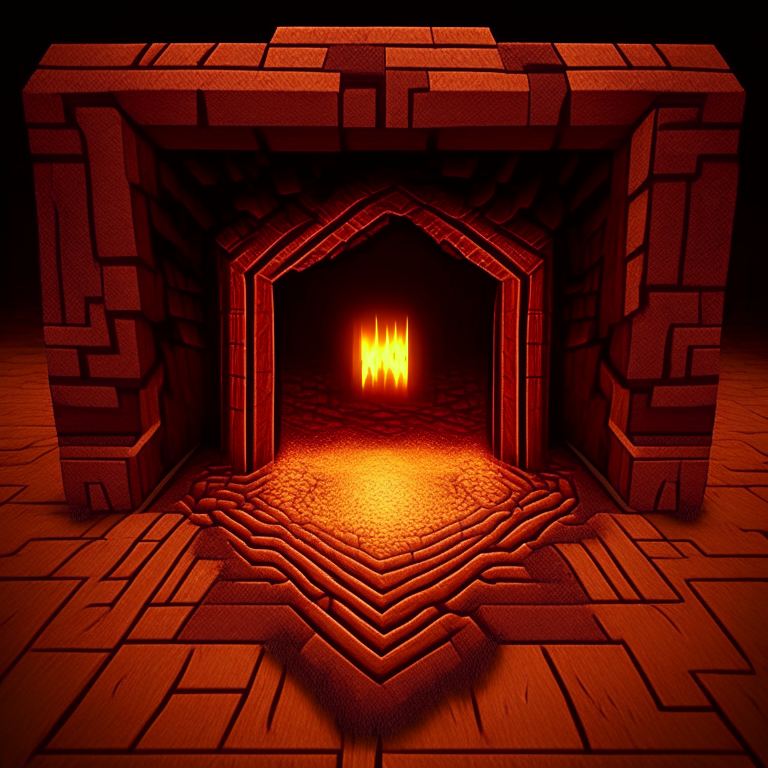 nether portal wooden deck style, brown tone, portal to inferno, minecraft style but hyper realistic, zoomed out
