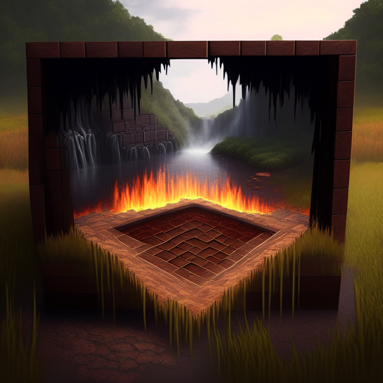 nether portal wooden deck style, brown tone, portal to inferno, minecraft style but hyper realistic, in a field by a waterfall/pond
