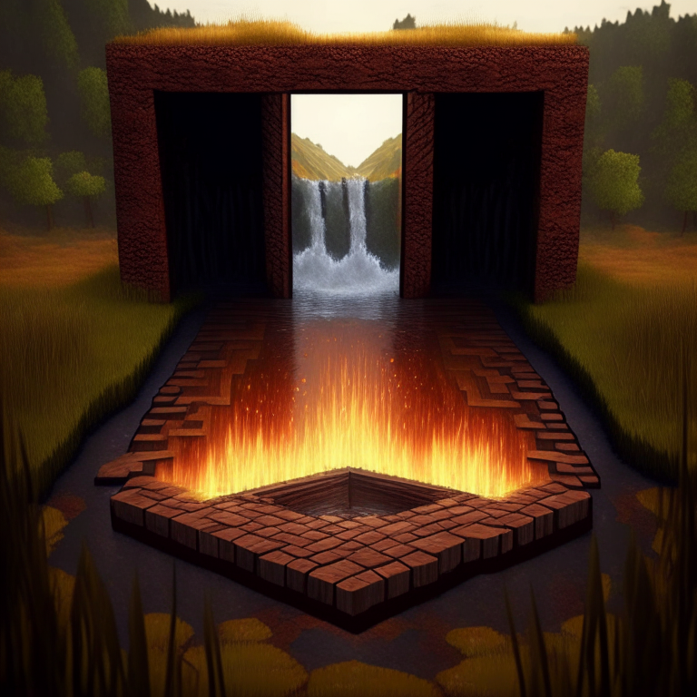 nether portal wooden deck style, brown tone, portal to inferno, minecraft style but hyper realistic, in a field by a waterfall/pond
