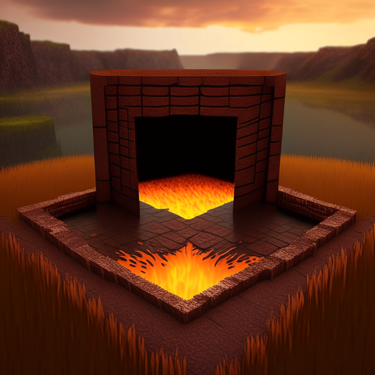 nether portal wooden deck style, brown tone, portal to inferno, minecraft style but hyper realistic, in a field by a cliff/pond
