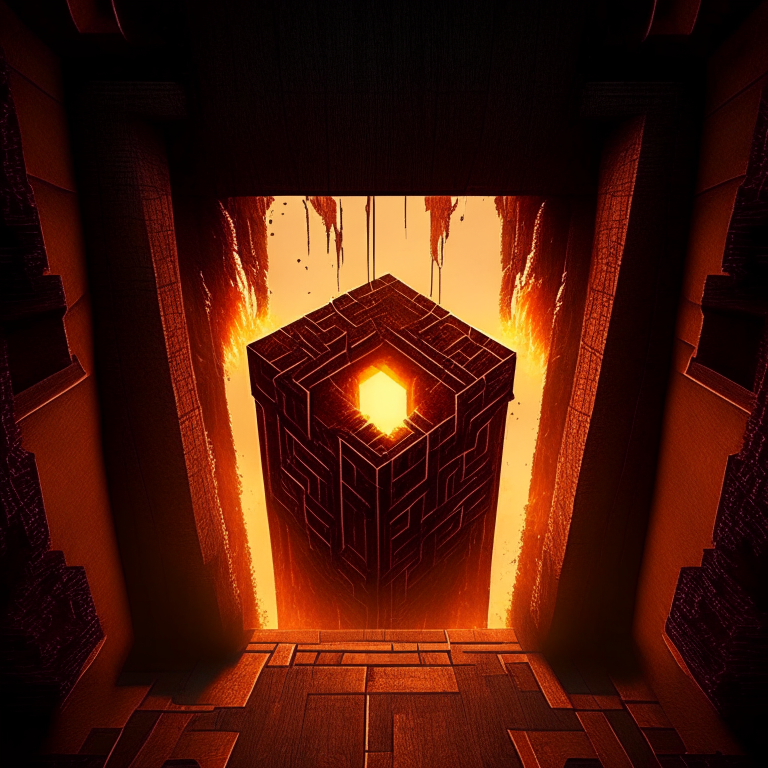 nether portal wooden deck style, brown tone, portal to inferno, minecraft style but hyper realistic, hanging off a skyscraper
