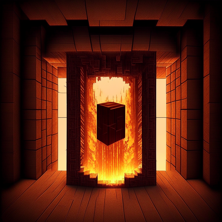 nether portal wooden deck style, brown tone, portal to inferno, minecraft style but hyper realistic, hanging off a skyscraper
