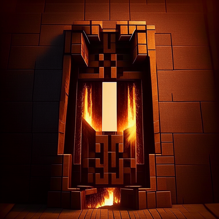 nether portal wooden deck style, brown tone, portal to inferno, minecraft style but hyper realistic, hanging off a skyscraper
