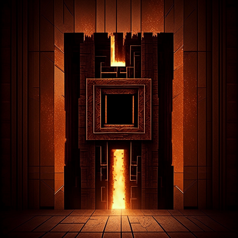 nether portal wooden deck style, brown tone, portal to inferno, minecraft style but hyper realistic, hanging off a skyscraper, dark brown
