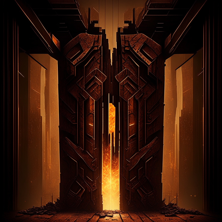 nether portal wooden deck style, brown tone, portal to inferno, minecraft style but hyper realistic, hanging off a skyscraper, dark brown, armored cyberpunk
