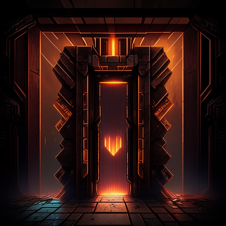 nether portal wooden deck style, brown tone, portal to inferno, minecraft style but hyper realistic, hanging off a skyscraper, dark brown, armored cyberpunk, neon bars
