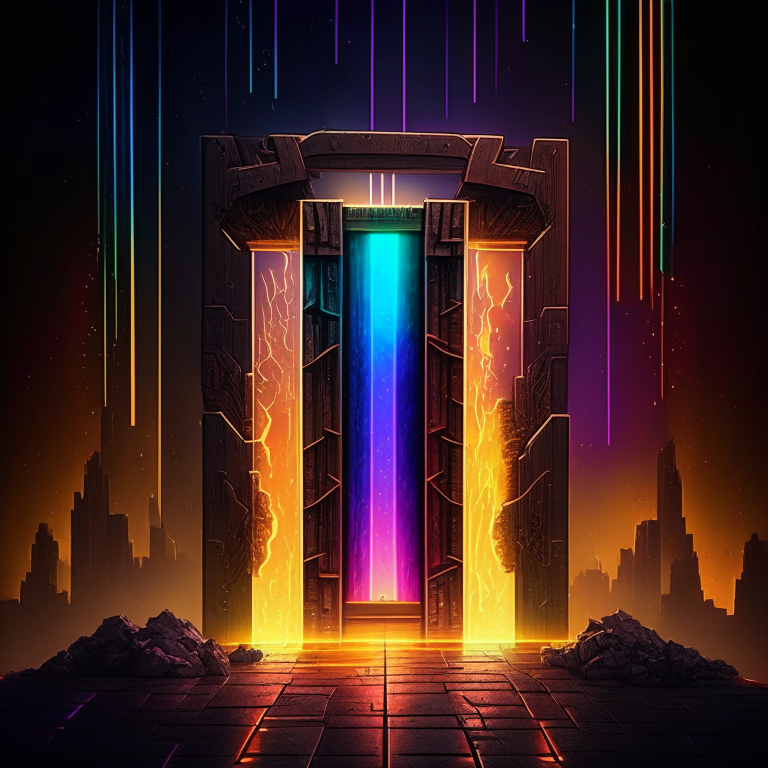 nether portal wooden deck style, brown tone, portal to inferno, minecraft style but hyper realistic, hanging off a skyscraper, rainbow, armored cyberpunk, neon bars, portal to another dimension rainbows
