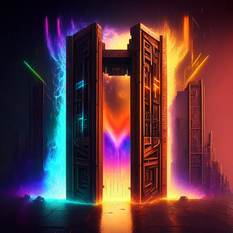 nether portal wooden deck style, brown tone, portal to inferno, minecraft style but hyper realistic, hanging off a skyscraper, rainbow, armored cyberpunk, neon bars, portal to another dimension rainbows
