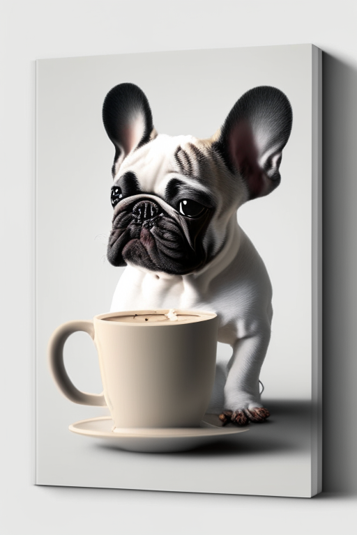 a French bulldog puppy drinking a latte with heart-shaped art, minimalist style, 4k