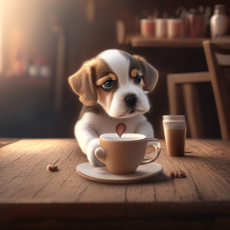 a puppy drinking a latte with heart-shaped art, sitting on a wooden table, 4k