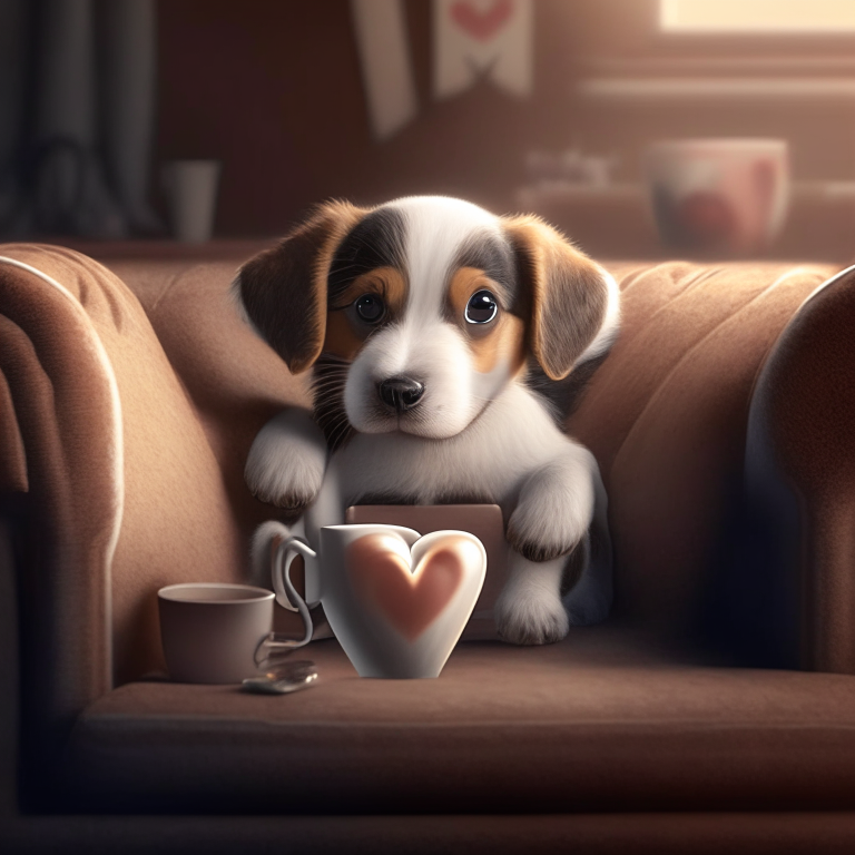 a puppy drinking a latte with heart-shaped art, sitting on a cozy couch, 4k