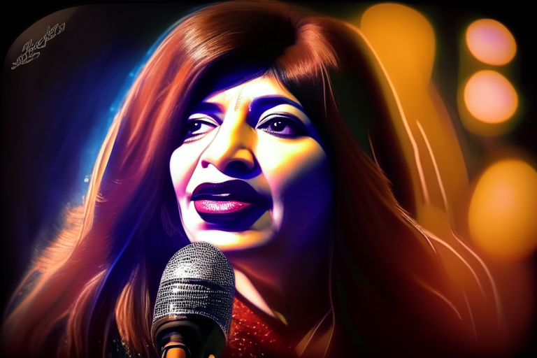 Alka Yagnik singing on stage, ultra-realistic, HD, close-up, microphone, concert lights