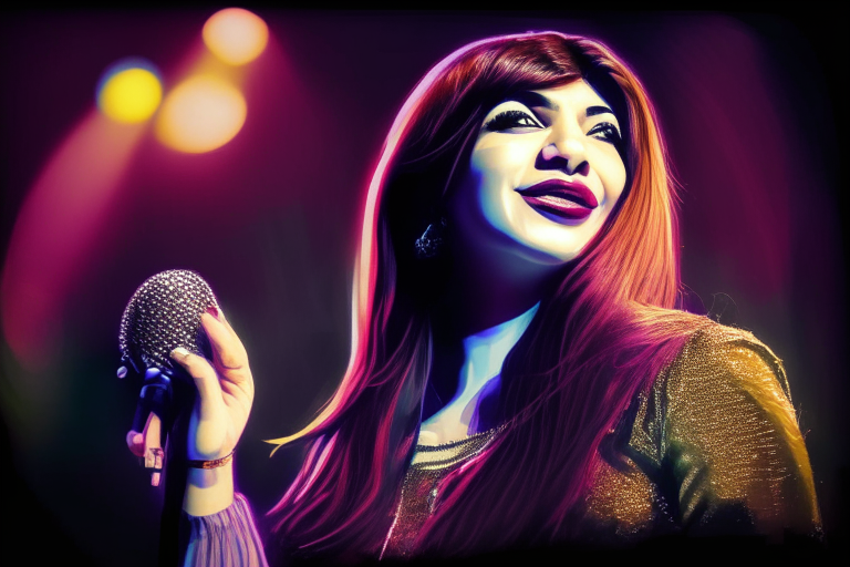 Alka Yagnik singing on stage, with a microphone in her hand, under bright stage lights, realistic style