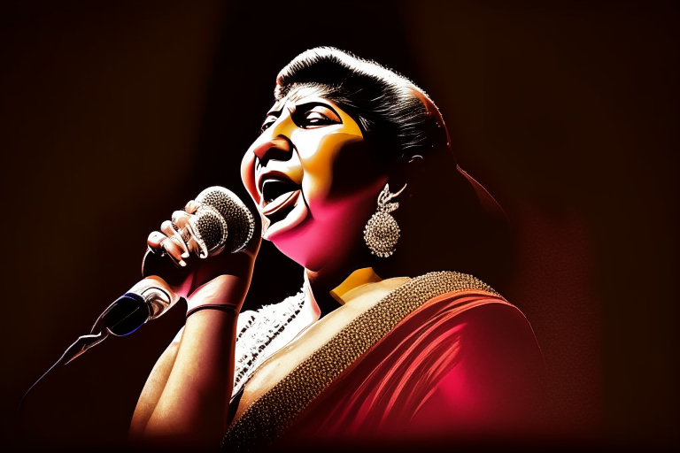 Lata Mangeshkar singing on stage, with a microphone in her hand, under bright stage lights, HD quality