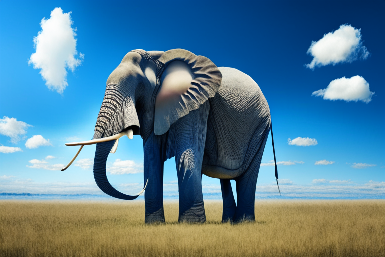 an elephant standing in a field, majestic, with a blue sky in the background