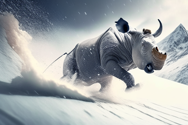 a rhinoceros skiing down a snowy mountain, action shot, high quality, cinematic