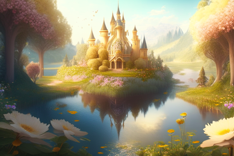 a paradise with a big golden castle, surrounded by a garden of trees and flowers, and a river of milk flowing through it, 4k