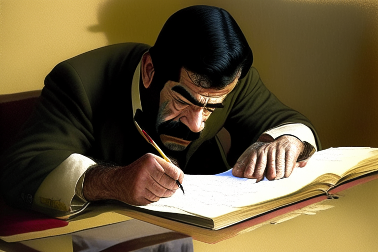 Saddam Hussain writing book, real image